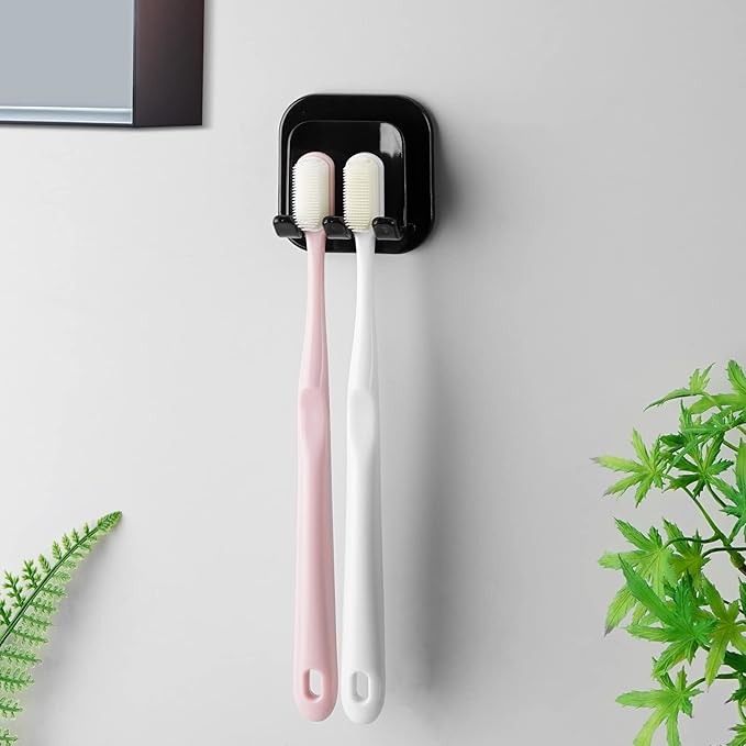 2 PCS Self-Adhesive Toothbrush Holders Wall Mounted, Water Proof Toothbrush Hook, 2 in 1 with Toothbrush Hanger and Gargle Cup Holder for Bathroom Shower (Black)