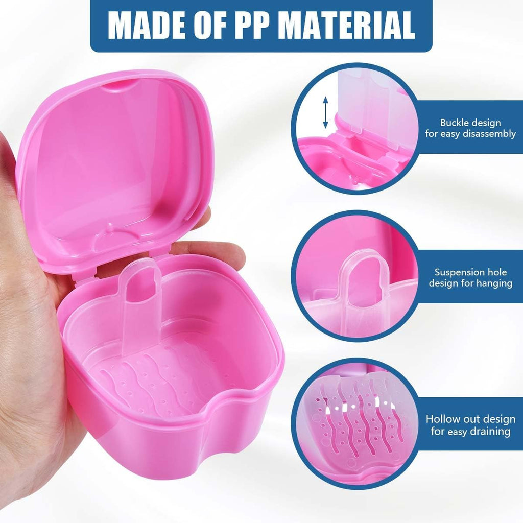 2 Pack Colors Denture Bath Case Cup Box Holder Storage Soak Container with Strainer Basket for Travel Cleaning (White and Pink)