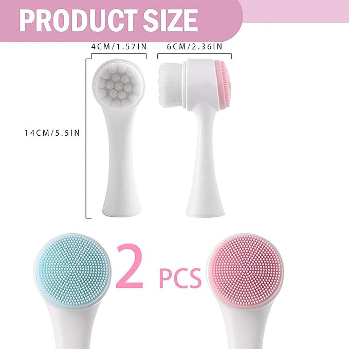 2 Pcs Face Washing Brushes, 2 in 1 Silicone Facial Cleansing Brush with Super Soft Bristles, Silicone Scrubber Face for Deep Pore Cleansing, Massage, Exfoliator, Skincare Makeup Removal(Pink, Blue)