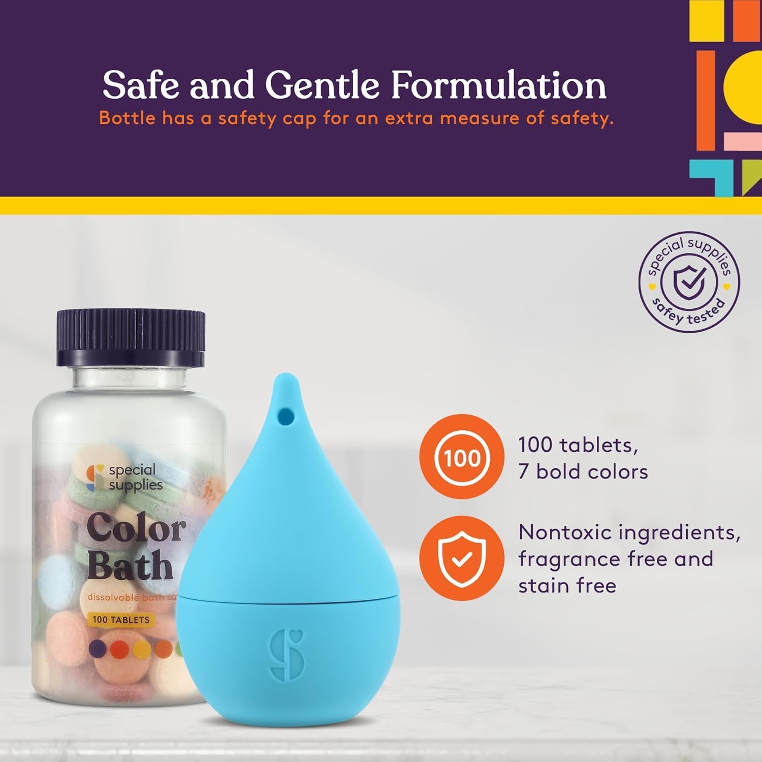 Special Supplies Color Bath Tablets for Kids, 100-Count, Dissolvable, Water Color-Changing Fun, Non-Staining Dye, Cute Toy Included