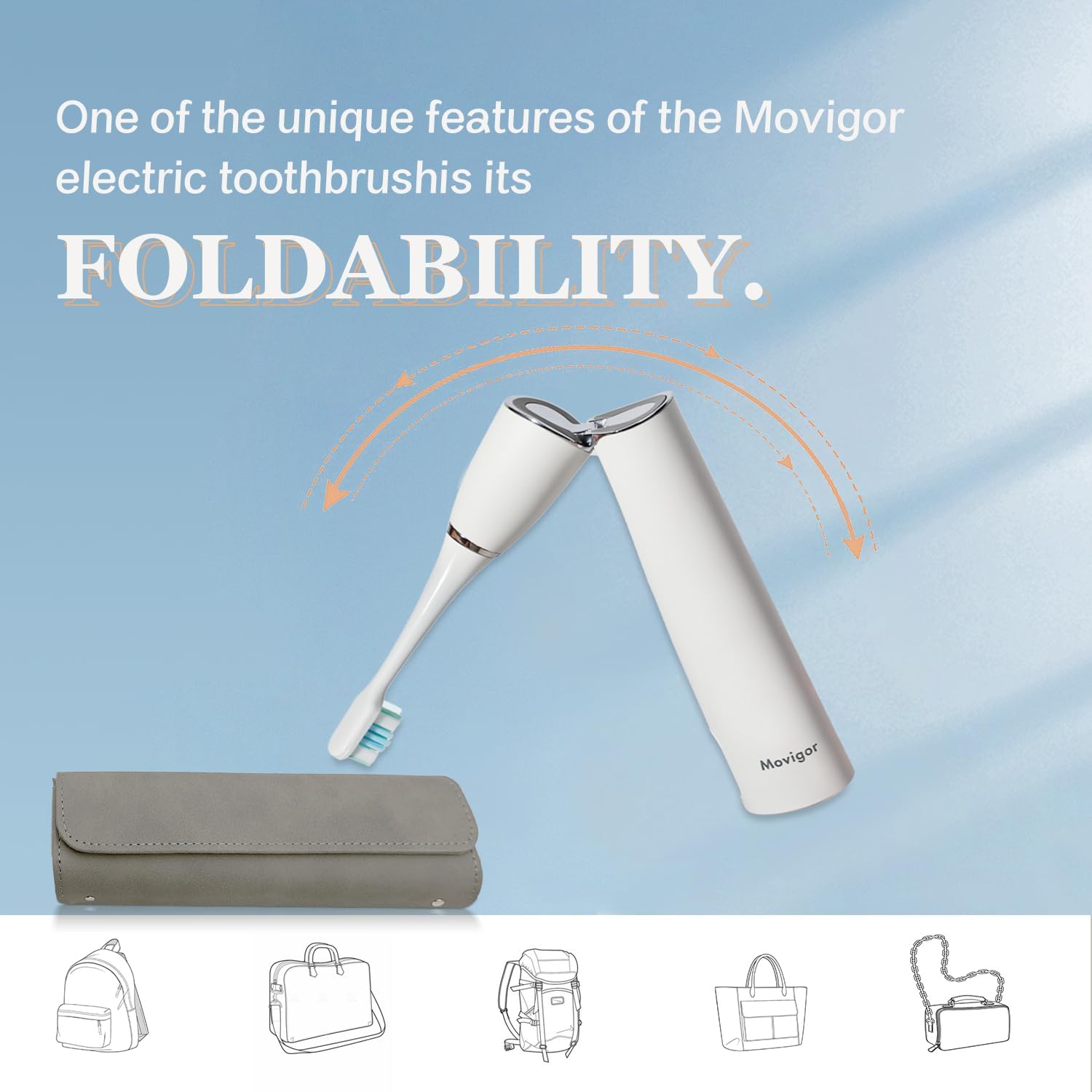 Foldable Electric Toothbrush,UVLED-Cleaning, Sonic Electric Toothbrushes for Adults with 4 Brush Heads, Flexible Amplitude and USBC Fast Rechargeable Travel Toothbrush -White