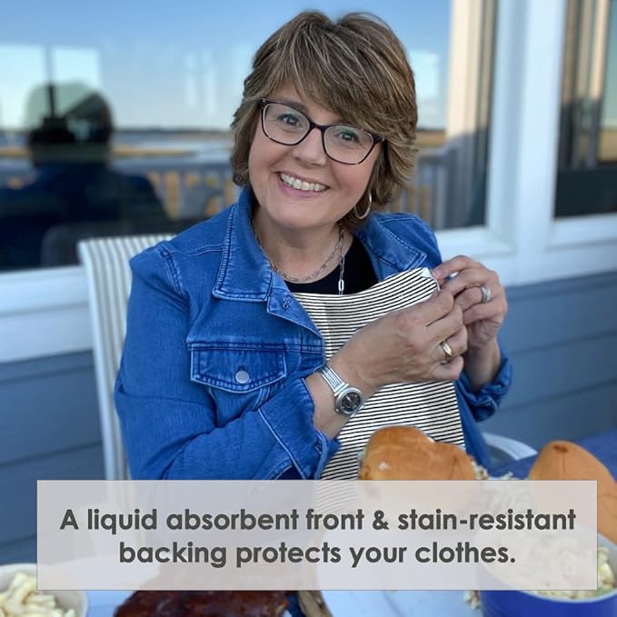 Disposable Bibs for Adults, Kids & Seniors | Adhesive Tab Napkins for Eating, Personal Use, Travel & Commuting | Spill Absorbent, Stain/Liquid Repellent | Blue Ticking 4 Count