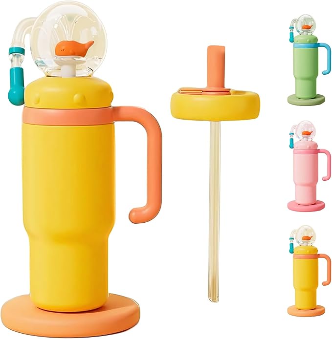 Drinking Cup With Whale Squirt, 24oz Whale Water Bottle with Handle, Insulated Stainless Steel Whale Water Cups With Two Silicone Soft Tip, Leak-Proof Whale Fountain Bottle for Kids Teens (Yellow)