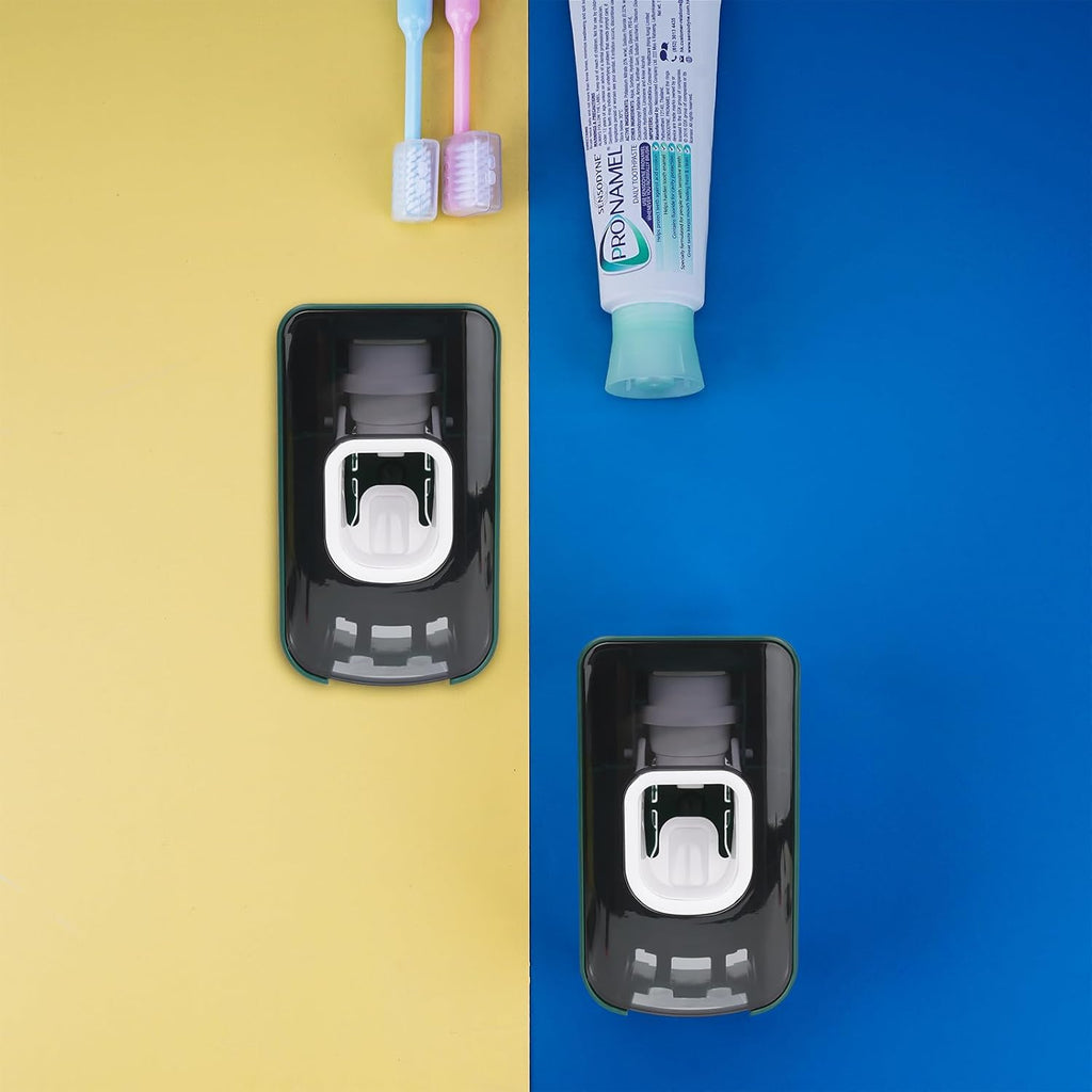 2 Slot Toothbrush Holder and Toothpaste Dispenser Wall Mounted, Automatic Toothpaste Squeezer, 2 in 1 Tooth Brush Toothpaste Organizer for Shower (Green 2Pack)