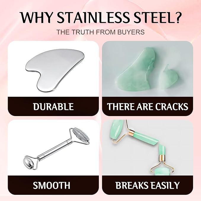 Gua Sha & Face Roller, Stainless Steel Gua Sha Facial Tools for Face, Eyes,Chin & Jawline Sculpting,Body Gua Sha Tools with Pouch