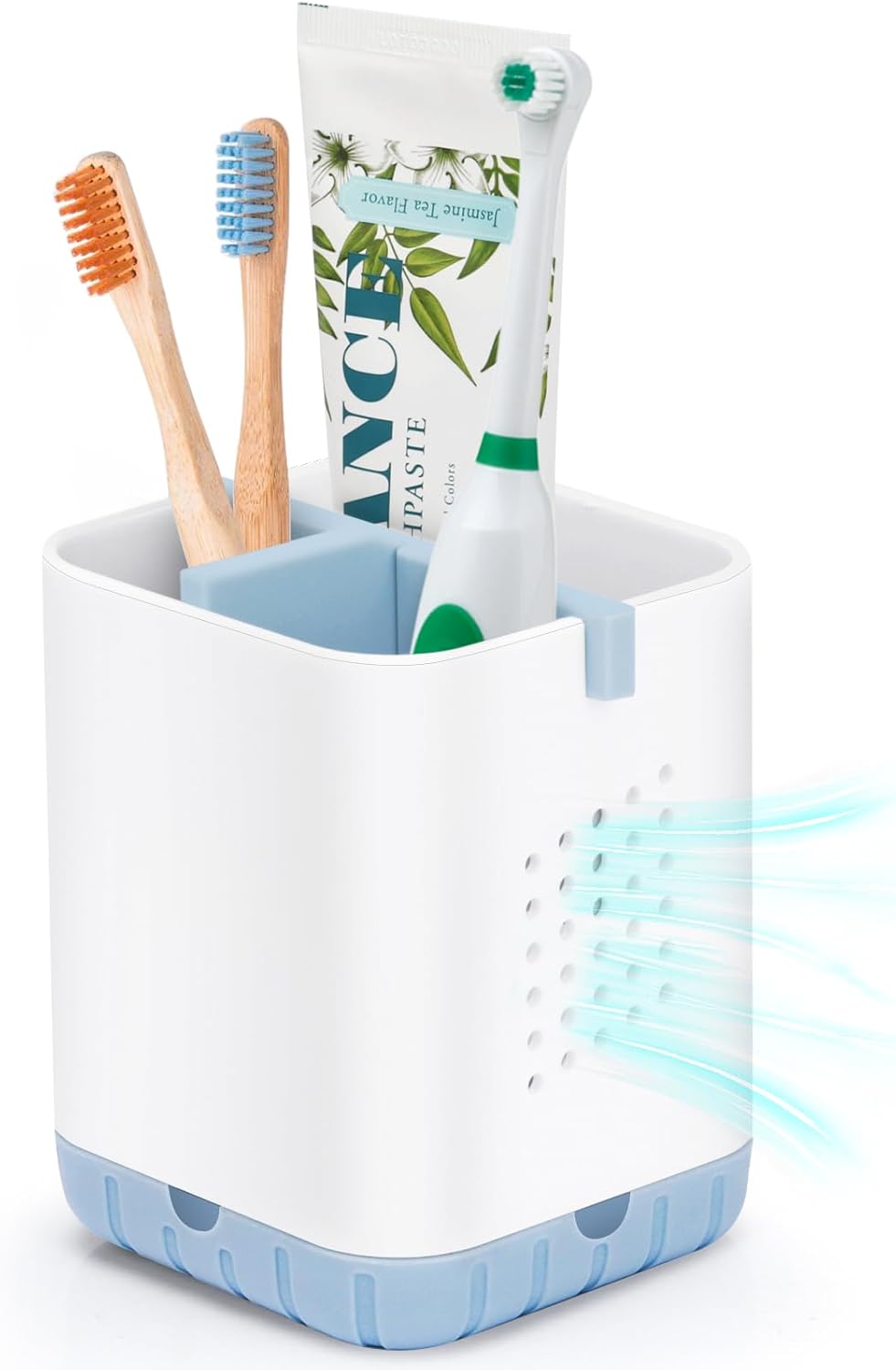 Boperzi Toothbrush and Razor Holder for Bathrooms - Countertop Organizer With Drainage, Anti-Slip Kids Toothpaste Caddy for Electric Toothbrush, Shower, Vanity - Blue