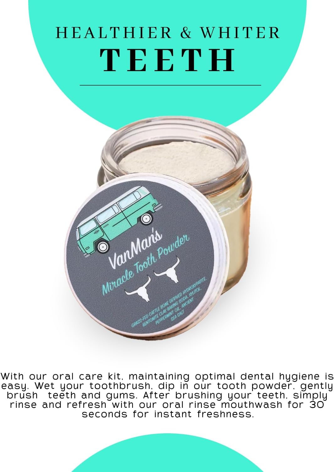 Vanman’s - Mint and Bone Tooth Powder Toothpaste - Remineralizing Tooth Powder with Cattle Bone Derived Hydroxyapatite, Bentonite Clay, Peppermint Oil and Baking Soda - 2.2 oz