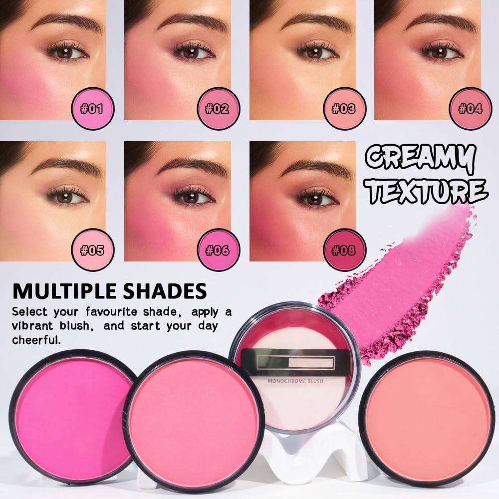 Natural Single Matte for Face Cheeks Blush with Makeup Powder Puff, Watermelon Pink Monochrome Blush Cream Powder Makeup Palette Blushes Long-lasting Blendable Foundation for Women Every Day 06