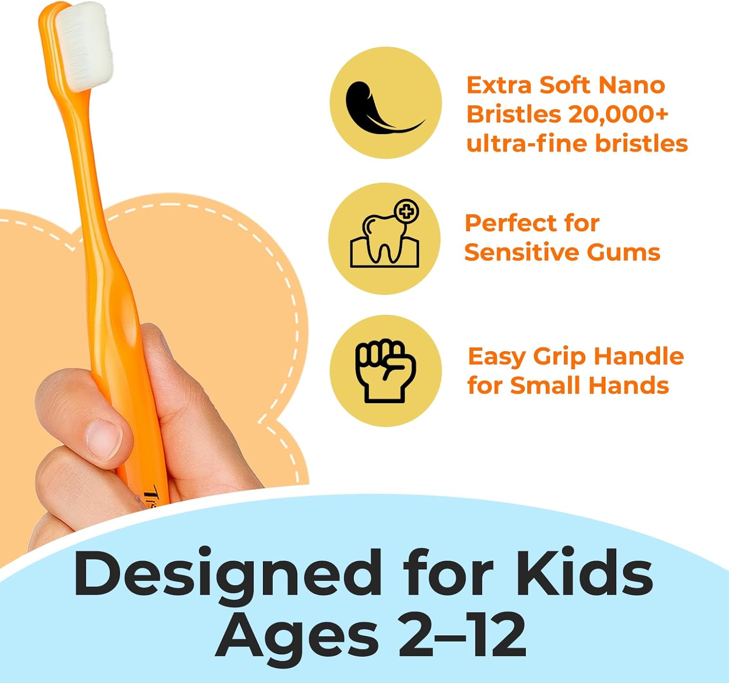 Toddler toothbrush age 2-4, Nano Toothbrush Kids Soft Nanobrush - 20,000 Bristles, Nano Brush for Gentle Care, Baby & Toddler Ages 4-12, 3 Pack Colors (Yellow, Orange, Pink), Perfect for Small Hands