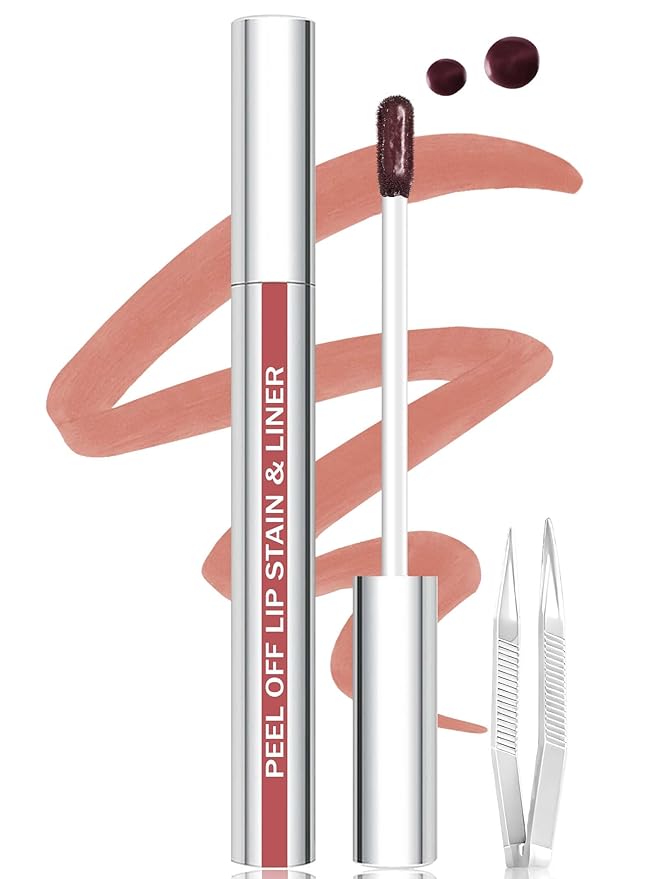 Lip Stain Peel Off Lip Liner Stain with Tweezer, Long Lasting Matte Lip Tint Tattoo, Highly Pigmented Color Lip Makeup, Waterproof Lipstick, Transfer-proof Lipstain for Women, Nude