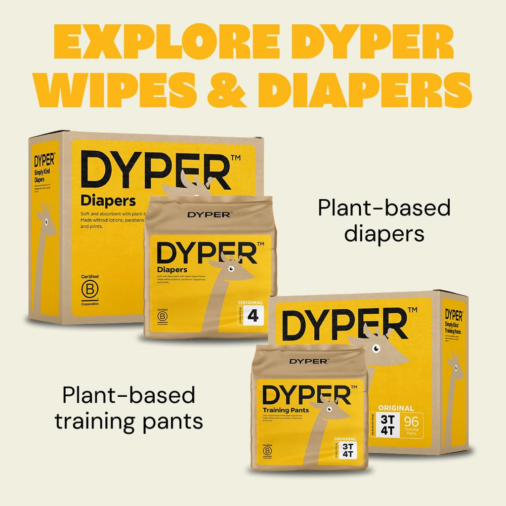 DYPER 99.9% Water-Based Baby Wipes, Hypoallergenic & Unscented Baby Wipes, Made from Plant-Based Material, Gentle for Sensitive Skin, Plastic-Free Wet Wipes, Pack of 4 (224 Count)