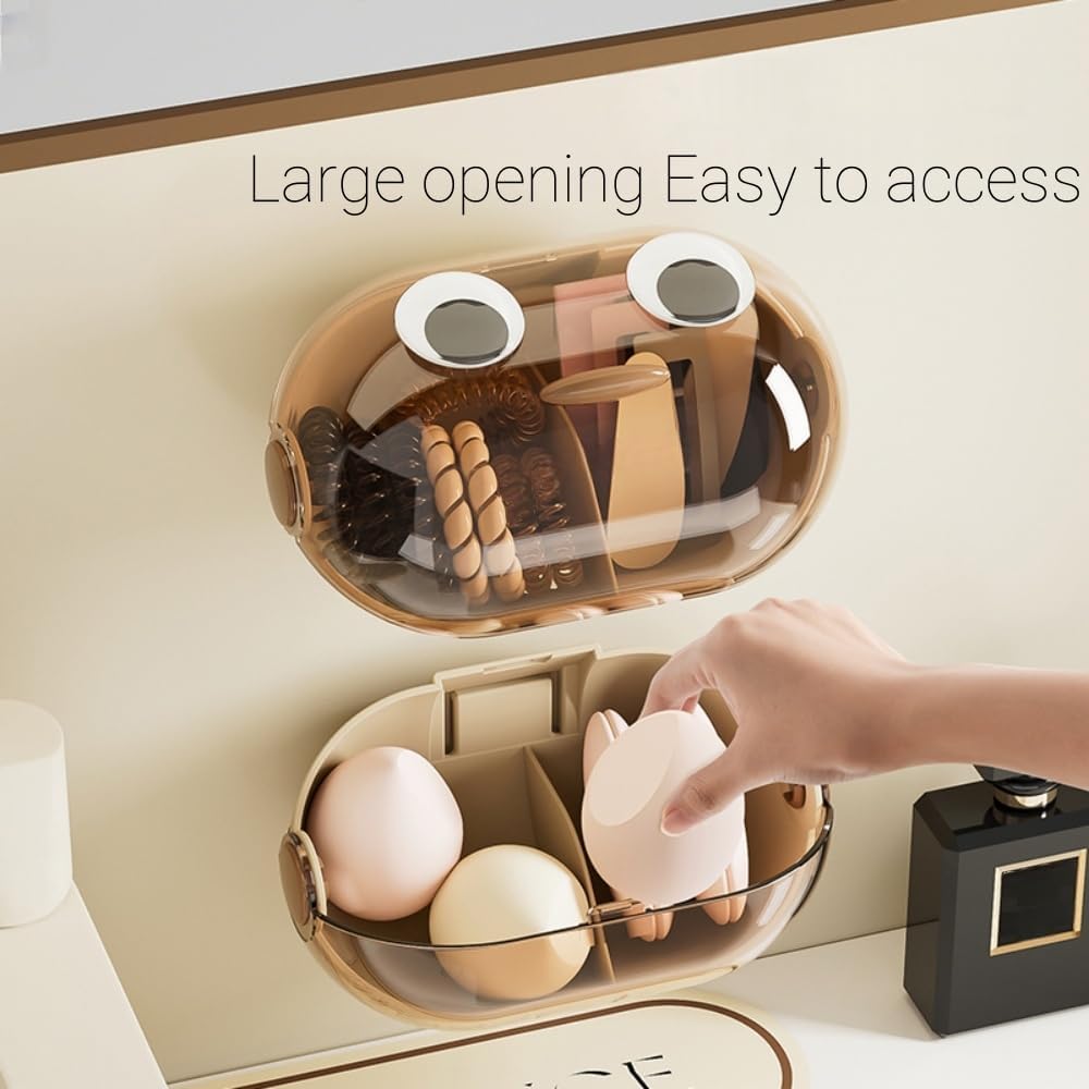 Wall-Mounted Makeup Sponge Holder Beauty Blender Holder Small Hair Accessories Organizer Drying Storage Box for Bathroom Countertop with Cute Big Eyes and Lid, 2 Compartments(1 PC,Brown)