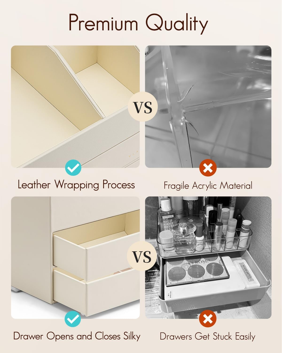 Vlando Makeup Organizer for Vanity,Large Capacity Countertop Organizer with Drawers, PU Leather Cosmetic Display Case for Lipstick,Brushes,Skincare,Bedroom Storage (Beige)