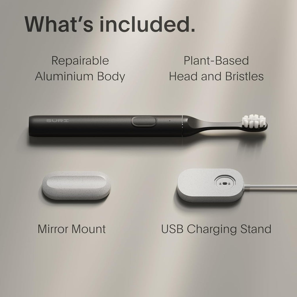 SURI 1.0 Sonic Electric Toothbrush | 1 Month+ Battery | Designed in California | Sustainable Electric Toothbrush for Adults | Travel Toothbrushes | Tooth Brush | Black