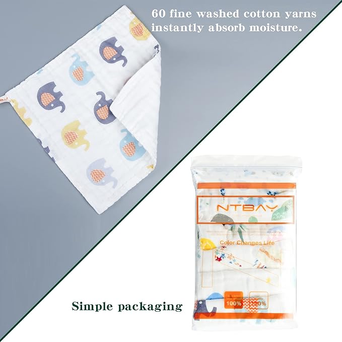 NTBAY 6 Pack Baby Muslin Washcloths, 6 Layers Natural Cotton Newborn Baby Face Towel with Animals Printed Design, Soft and Breathable Reusable Wipes and Shower Gift for Baby Registry, 10x10 inches