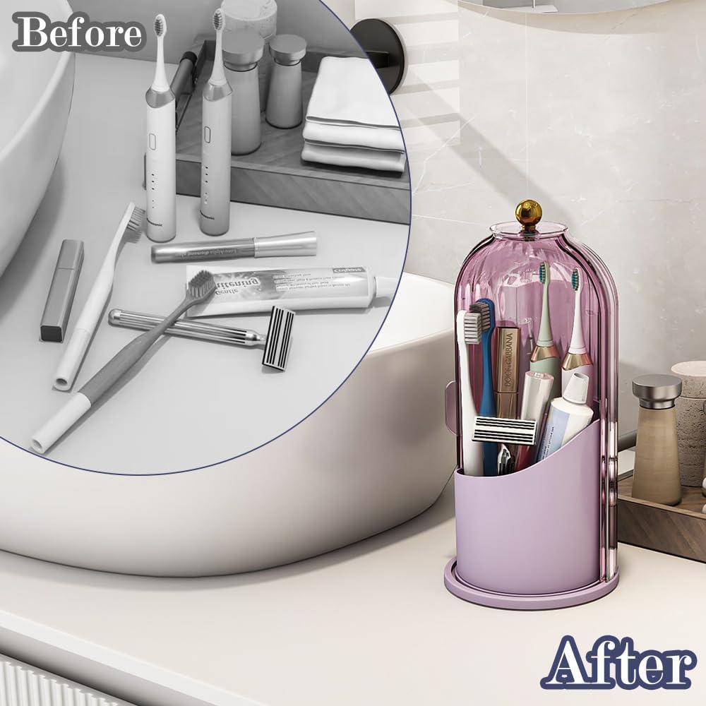 Dustproof Toothbrush Holders with Cover, Rotating Electric Toothbrush and Toothpaste Holder for Bathroom Countertop, 3 Slots Makeup Brushes Organizer, All Pink