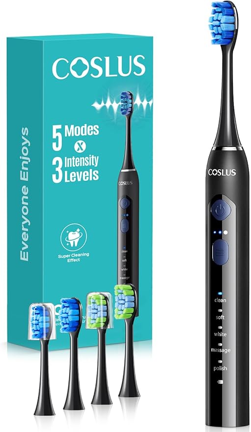 COSLUS Sonic Electric Toothbrush for Adults: 3 Intensities & 5 Modes Gum-Friendly for Deep Cleaning & Whitening - 2 Types of Heads for Family, Sensitive Teeth, Braces, Travel & Home Use, Black