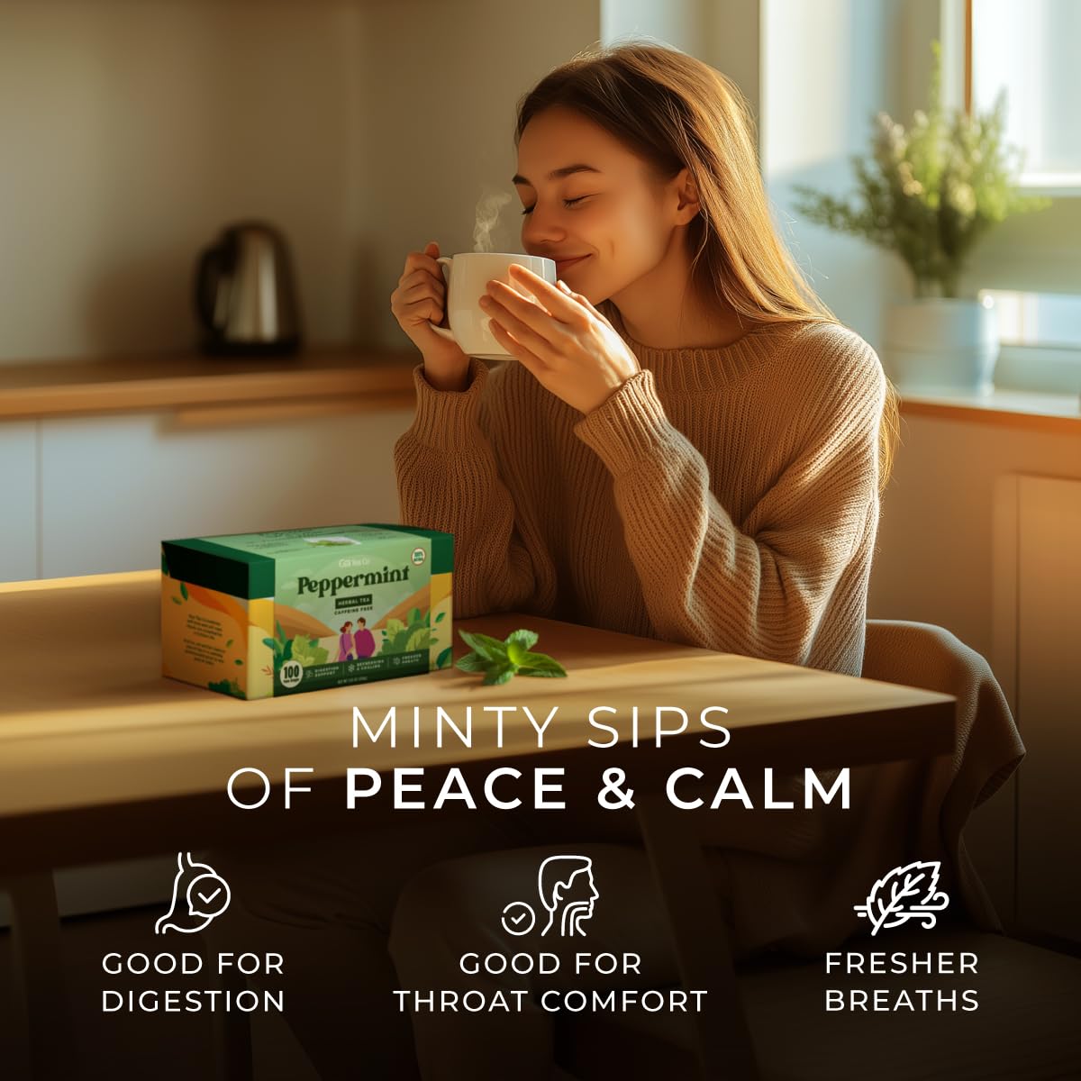 Gya Tea Co Peppermint Herbal Tea Bags (100 Bags) - Caffeine Free with a Tangy Flavor for All Day Comfort, Calming, Relaxing & Nourishing - Fruit & Herbal Blends
