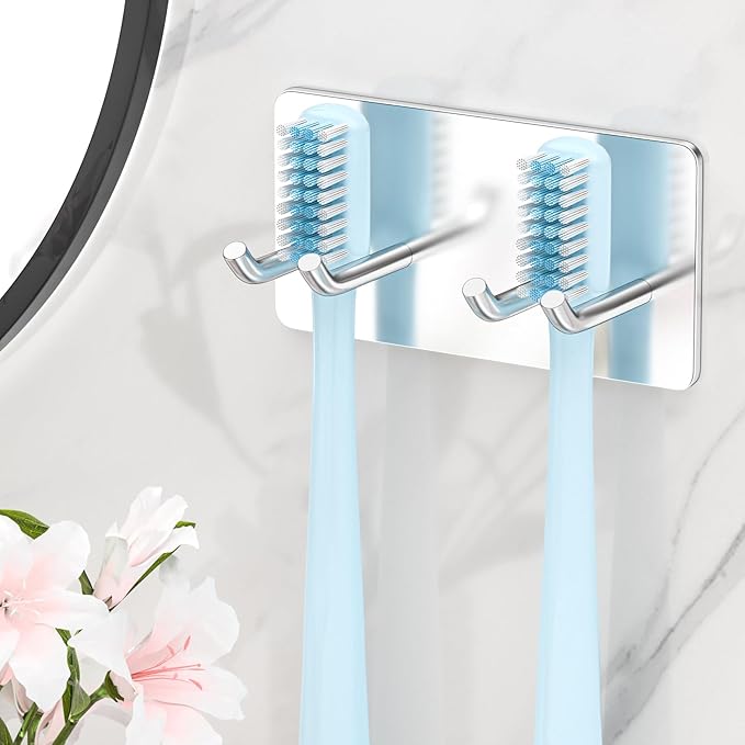 Toothbrush Holder Wall Mounted, Electric Toothbrush Head Holder SUS304 Stainless Steel Toothbrush Holders for Bathroom, Kids Tooth Brushing Holder Self Adhesive Toothbrush Organizer, Shower Hooks