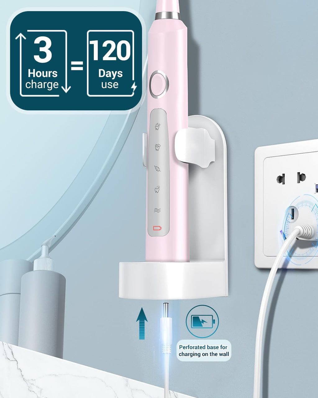 Rtauys M5 Sonic Electric Toothbrush for Adults and Kids - Rechargeable Electric Toothbrush Kids Ages 12+ and Adults with 8 Brush Heads & Travel Case, 120 Days Battery Life - Sakura Pink