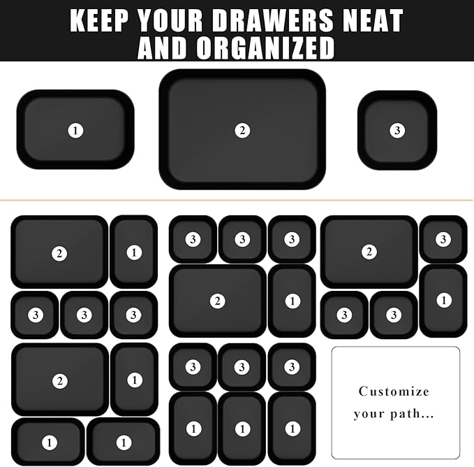 Plastic Drawer Organizers, 10 PCS Drawer Organizer Bins, Bathroom and Vanity Organizer Plastic Tray, Makeup Organizer and Storage for Makeup, Bedroom, Kitchen Gadgets Utensils and Office (Black)