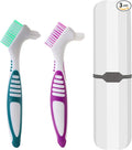 2Pcs Denture Cleaning Brush Kit False Teeth Toothbrushes with 1 White Carrying Case Travel Multi-Layered Soft Bristles Denture Cleaner Ergonomic Rubber Handle(Green and Purple)