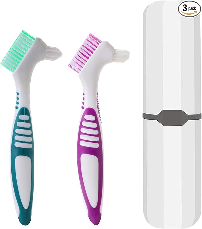 2Pcs Denture Cleaning Brush Kit False Teeth Toothbrushes with 1 White Carrying Case Travel Multi-Layered Soft Bristles Denture Cleaner Ergonomic Rubber Handle(Green and Purple)