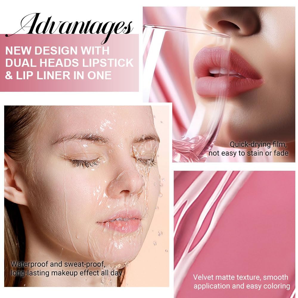 1Pcs 2 in 1 Mauve Pink Matte Lip Liner and Liquid Lipstick Stain Makeup Set for women, Light Mauve Long Lasting Smudge Proof Lip Tint Matte Finish Lip Gloss for All-Day Color Hold Easy to Use 35#