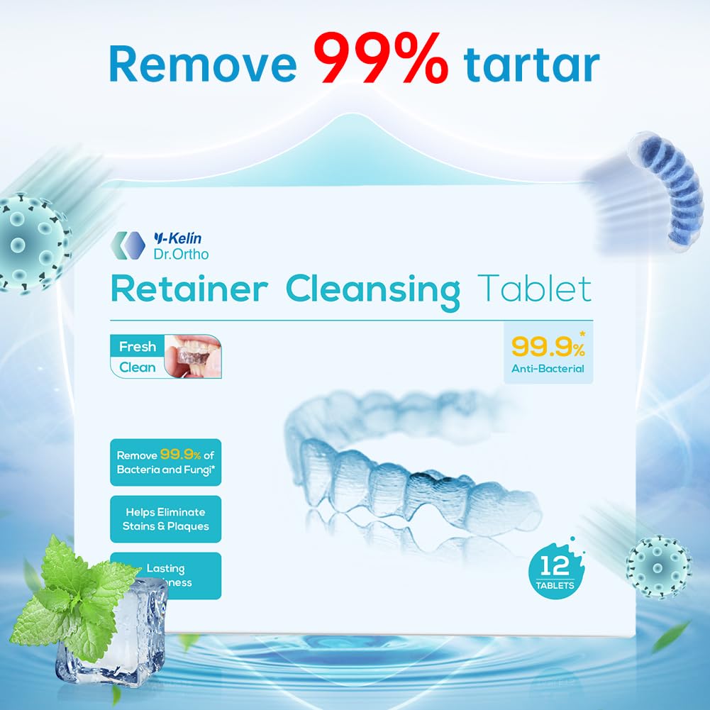 Y-Kelin Retainer and Denture Cleaner 12 Tablets for Dentures Retainers Mouth Guard and Removable Dental Appliances (12 PCS, Mint)