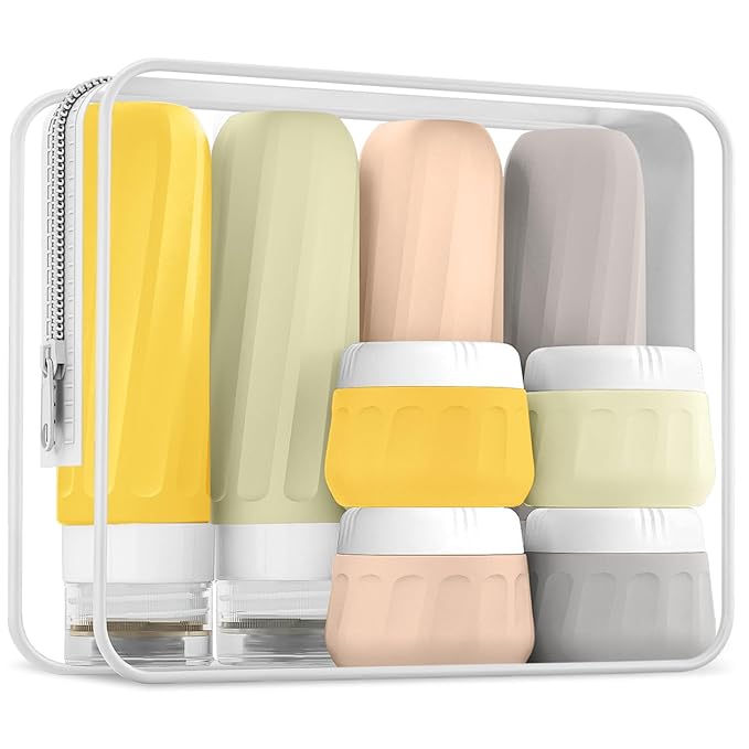 Travel Size Toiletries 8 Pack, TSA Approved 3oz/1oz Silicone Squeezable Creams Jars with Clear Travel Bag