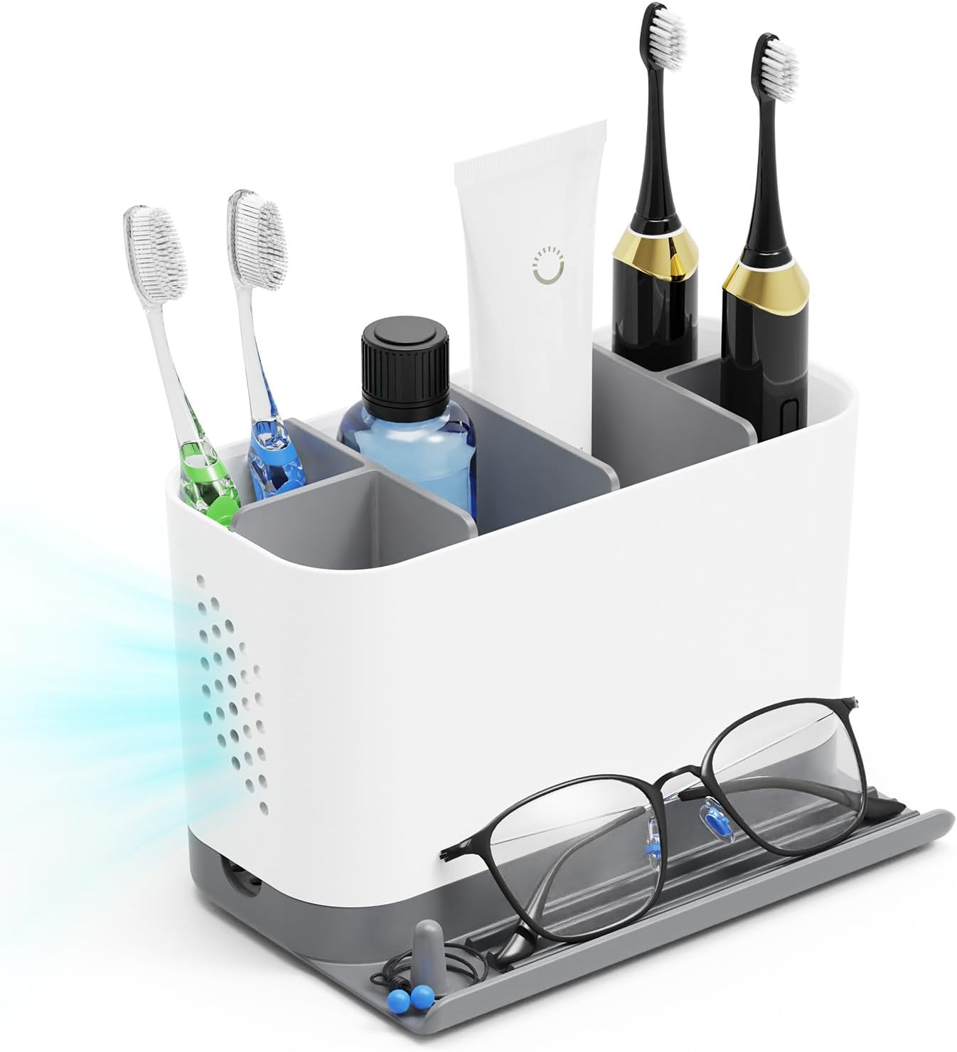 Toothbrush Holders for Bathrooms, Adjustable 6 Slots Electric Toothbrush and Toothpaste Holder, Cord-Friendly Detachable Bathroom Countertop Organizer with Front Ledge for Phone and Ring Holder