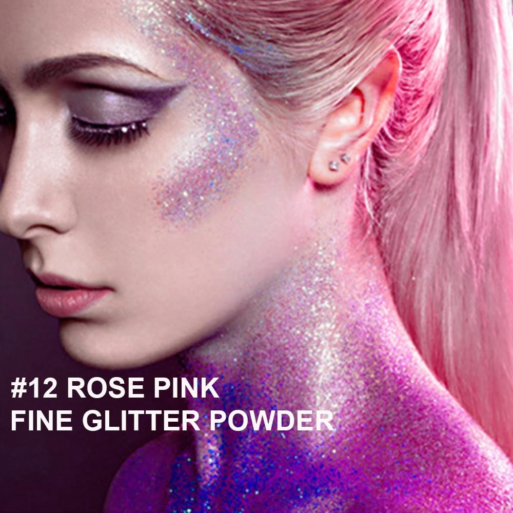 Rose Pink Glitter Spray for Face and Body, Rich Color Loose Shimmer Powder Long Lasting Sparkly Spray High Gloss Makeup for Women Rave Festival Prom Stage Wedding Party, #12