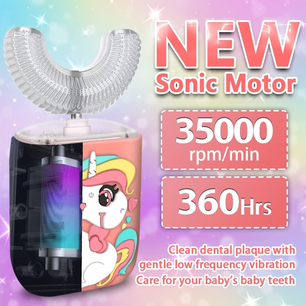 Kids Toothbrush Electric, U Shaped Ultrasonic Automatic Toothbrush with 2 Brush Heads, Six Cleaning Modes, Cartoon Modeling Design for Kids, Special for Birthday Gift (Pink, Kids 2-7)