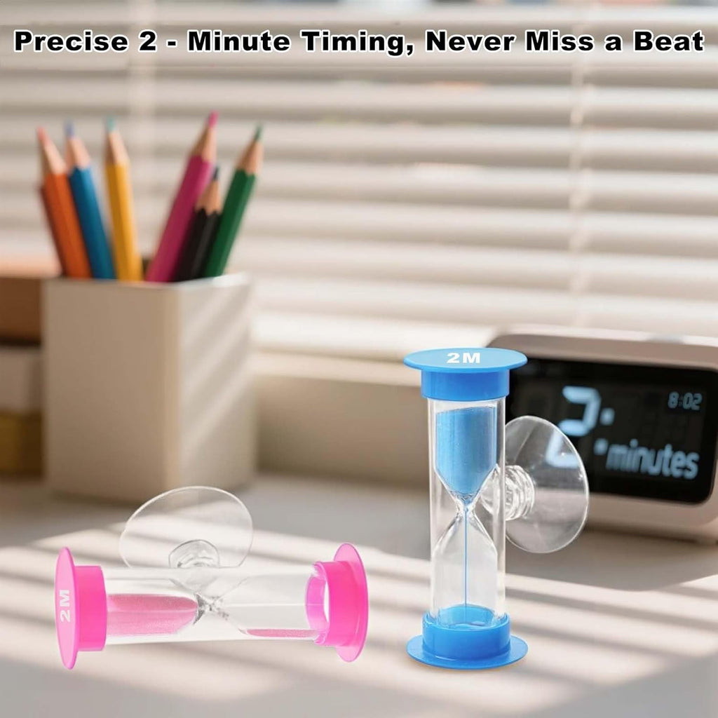 2 Minute Sand Timer with Sauction Cup, Small Blue and Pink Acrylic Hourglass Sand Clock Set, Plastic Glass Mini Sandglass for Classroom Games Kitchen (Pack of 2)