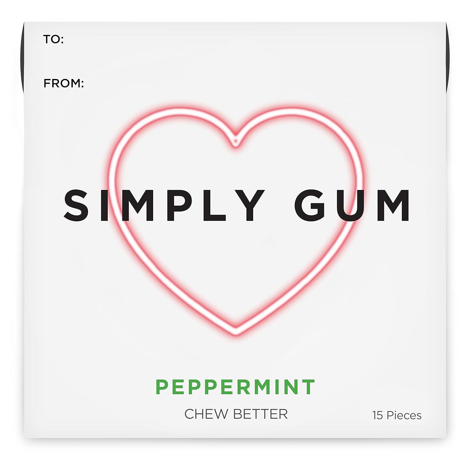 SIMPLY Gum Peppermint, Plastic-Free Natural Chewing Gum, Heart Box 6 Pack (90 Pieces) | Vegan, Kosher, Non GMO, Aspartame Free and Sorbitol Free
