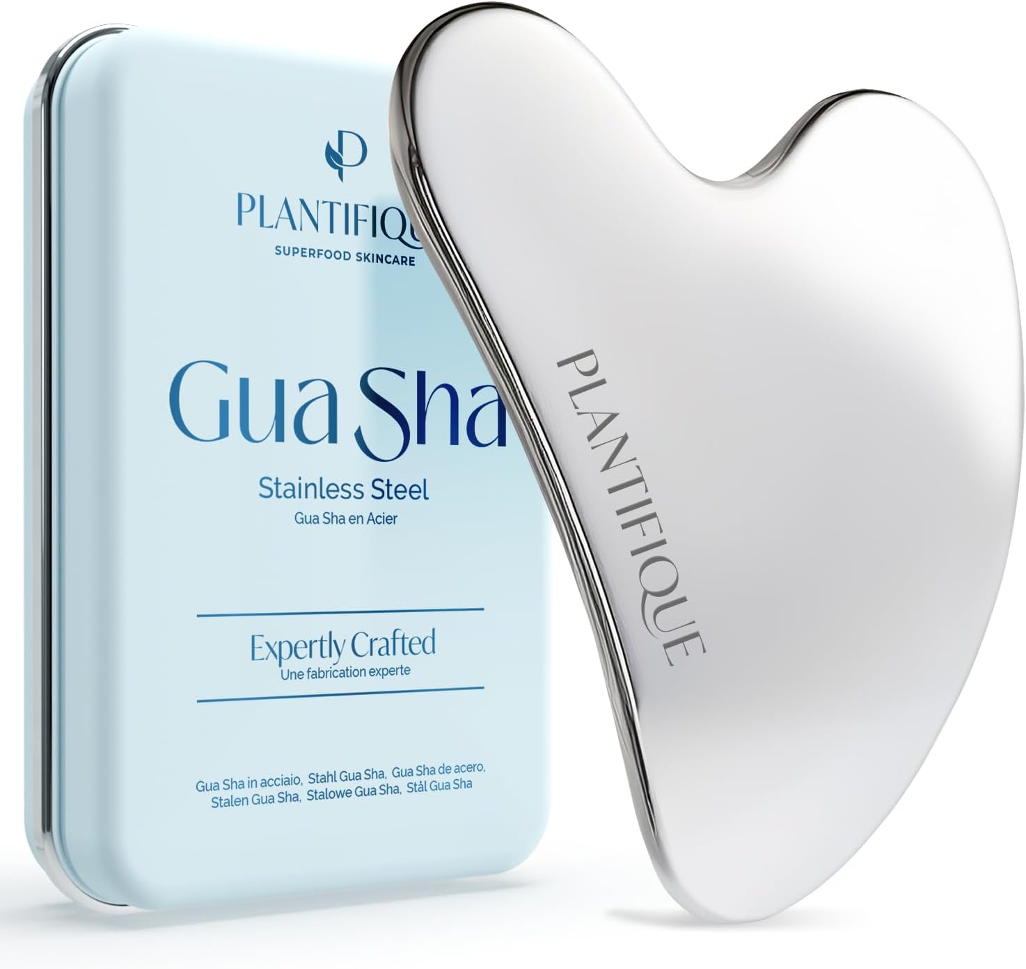 PLANTIFIQUE Stainless Steel Gua Sha | Facial Tool | Skin Massage for Face Body Eyes Neck Heart Style with Travel Pouch | Skin Care Gift