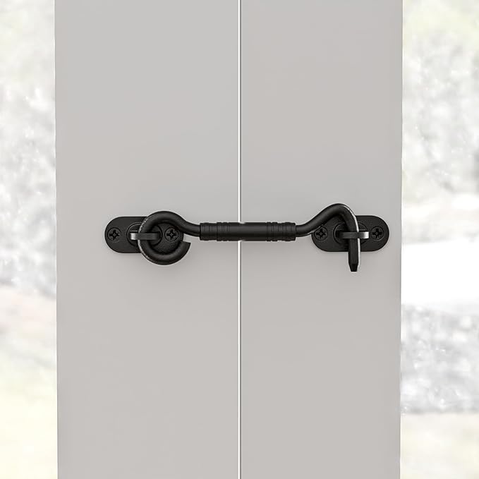 2 Pack 4'' Door Latch Door Lock Hardware, 4'' Stainless steels Hook and Eye Gate Latch Easy Lock for Barn Door,Black Sliding Door Lock with Screws for Window, Cabin Hooks