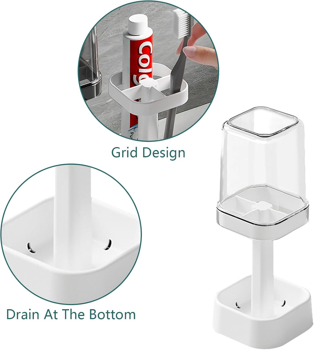Toothbrush Holder with Cup/Cover, 3 Slots Toothpaste Holder Stand for Bathroom Countertop Plastic Storage Organizer for Toothbrushes, Electric Toothbrushes (White)