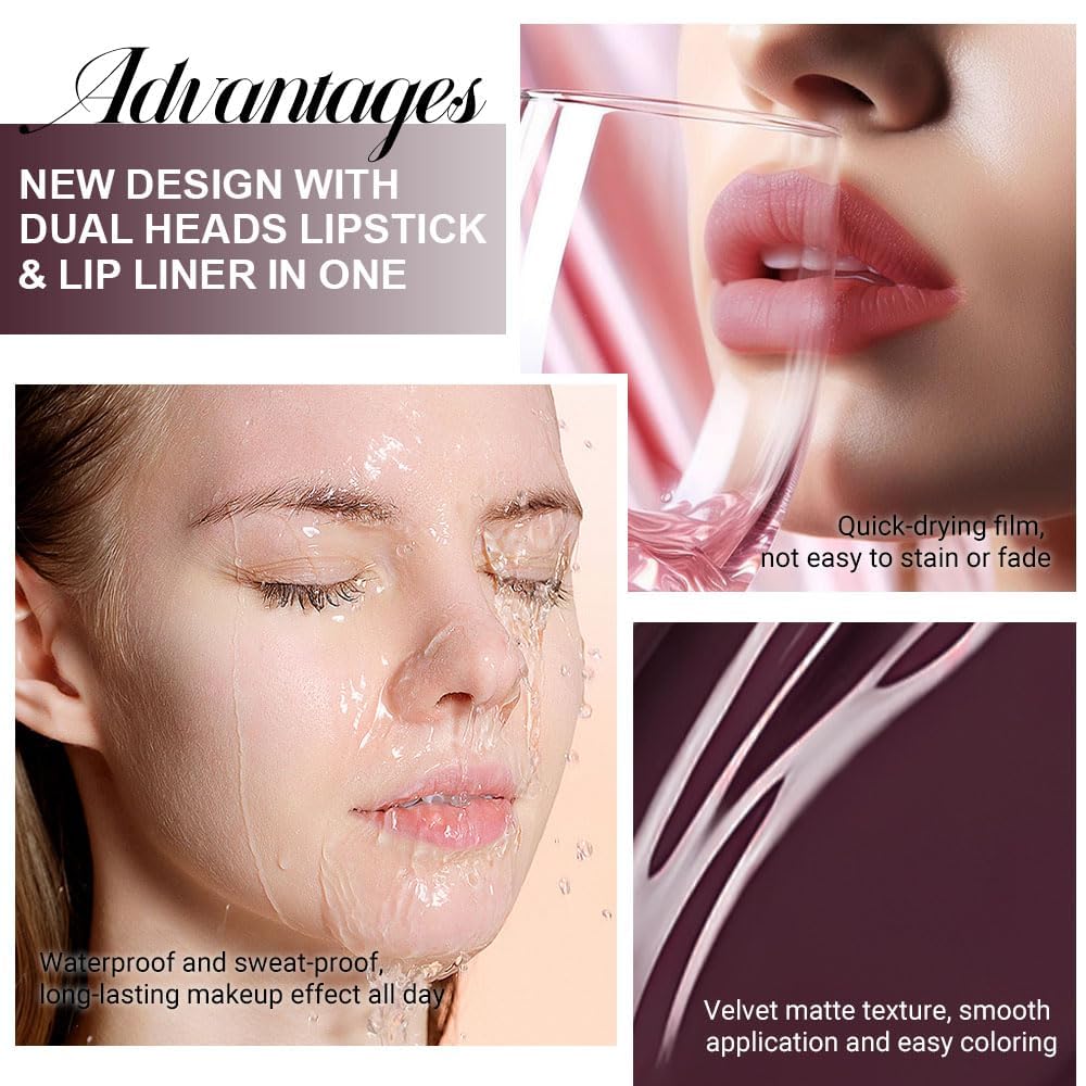 1Pcs 2 in 1 Deep Red Matte Lip Liner and Liquid Lipstick Stain Makeup Set for women, Red Long Lasting Smudge Proof Lip Tint Matte Finish Lip Gloss for All-Day Color Hold Easy to Use 17#