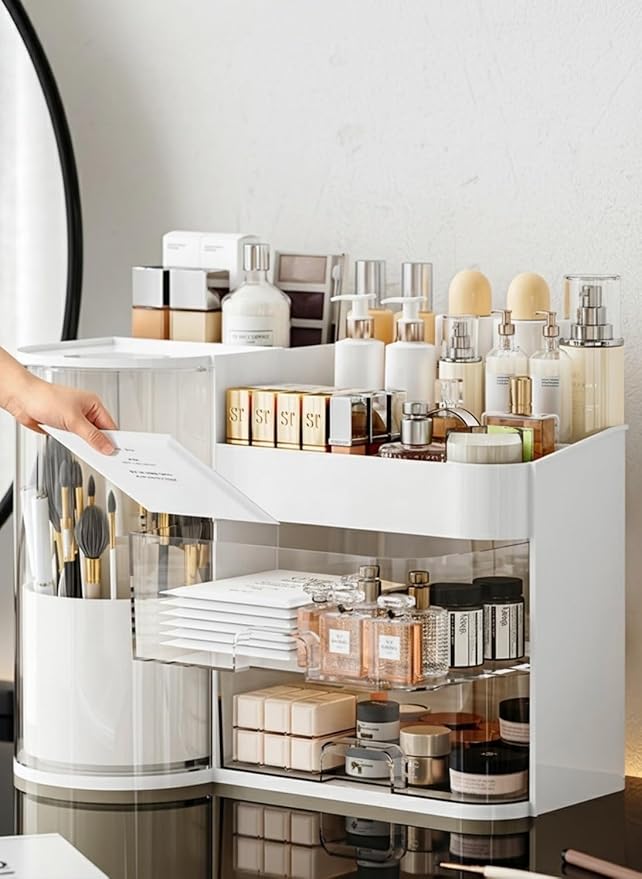 Makeup Organizer with Rotating Brush Holder Cosmetic Organizer with Drawers Countertop Skincare Organizer for Vanity,Cosmetic Display Case Storage (White, Large)