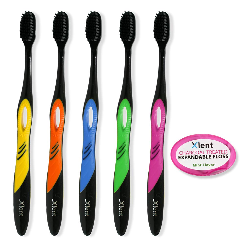 Xlent Dental Activated Charcoal Bristle Toothbrush - Xtreme (Extreme) Soft, Ultrafine, Tapered bristles, Compact Head and Slim Design (5 Toothbrush + 1 Floss 5 m)