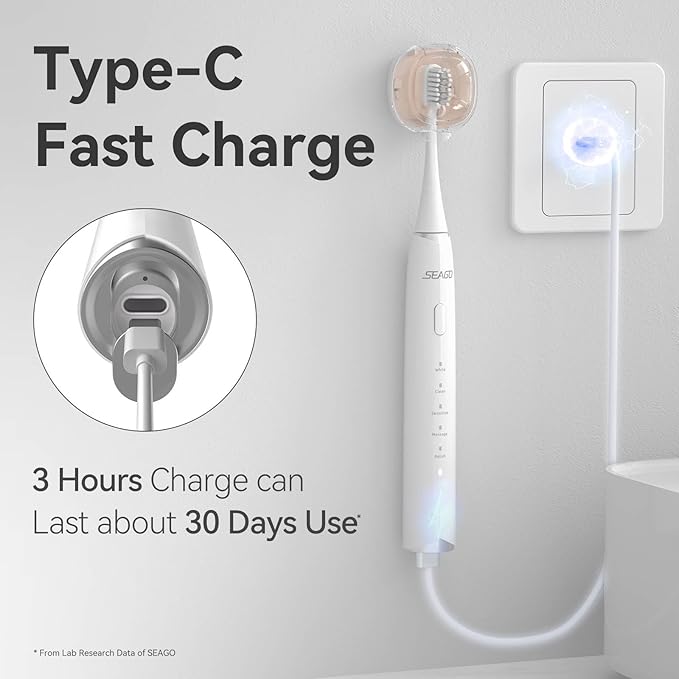 SEAGO Electric Toothbrush for Adults with Pressure Sensor, Sonic Toothbrushes Holder Wall Mounted, 30 Days Battery Life, 5 Cleaning Modes, 8 Replacement Heads, Timer & IPX7 Waterproof(White, Middle)