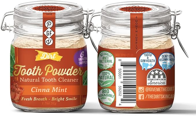 The Dirt - Remineralizing Tooth Powder, Natural Fluoride-Free Teeth Whitening Powder with Hydroxyapatite, Flouride & Gluten Free, Organic Vegan (Cinna Mint, 51g: 6 Month Supply)