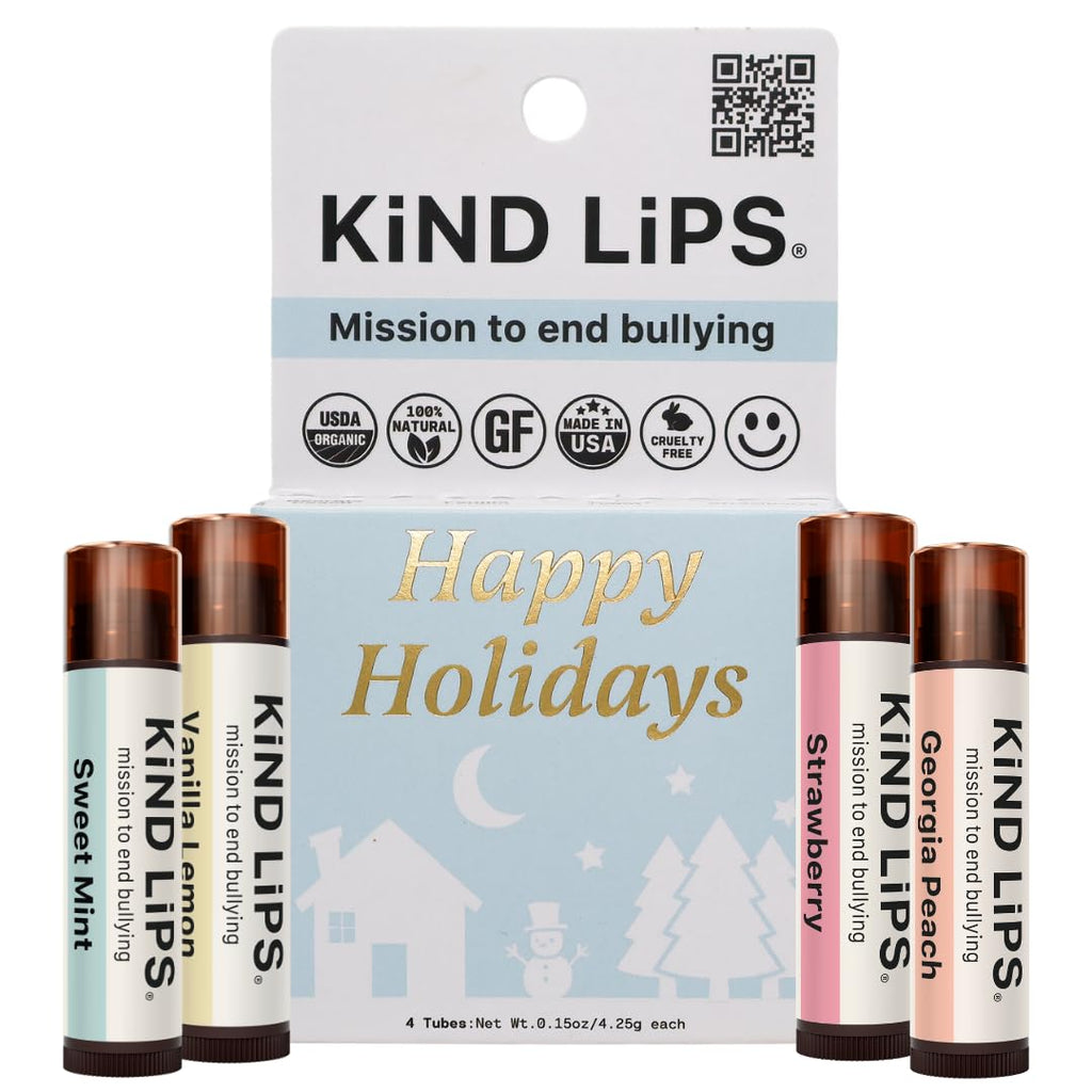 Kind Lips Organic Holiday Variety 4-Pack Lip Balm (Sweet Mint, Vanilla Lemon, Georgia Peach, Strawberry) - Natural Cruelty-Free, Gluten-Free, Made in USA