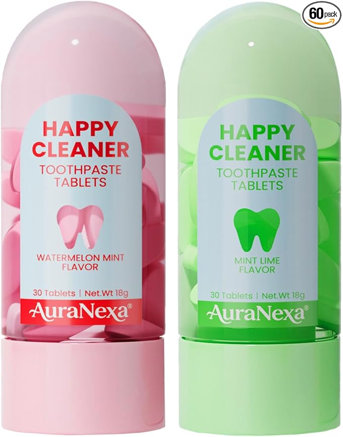 Happy Cleaner Toothpaste Tablets – Mixed Pack (Watermelon Mint + Mint Lime), Fluoride-Free, Nano Hydroxyapatite, Travel-Friendly Chewable Toothpaste, 60 Tablets Total