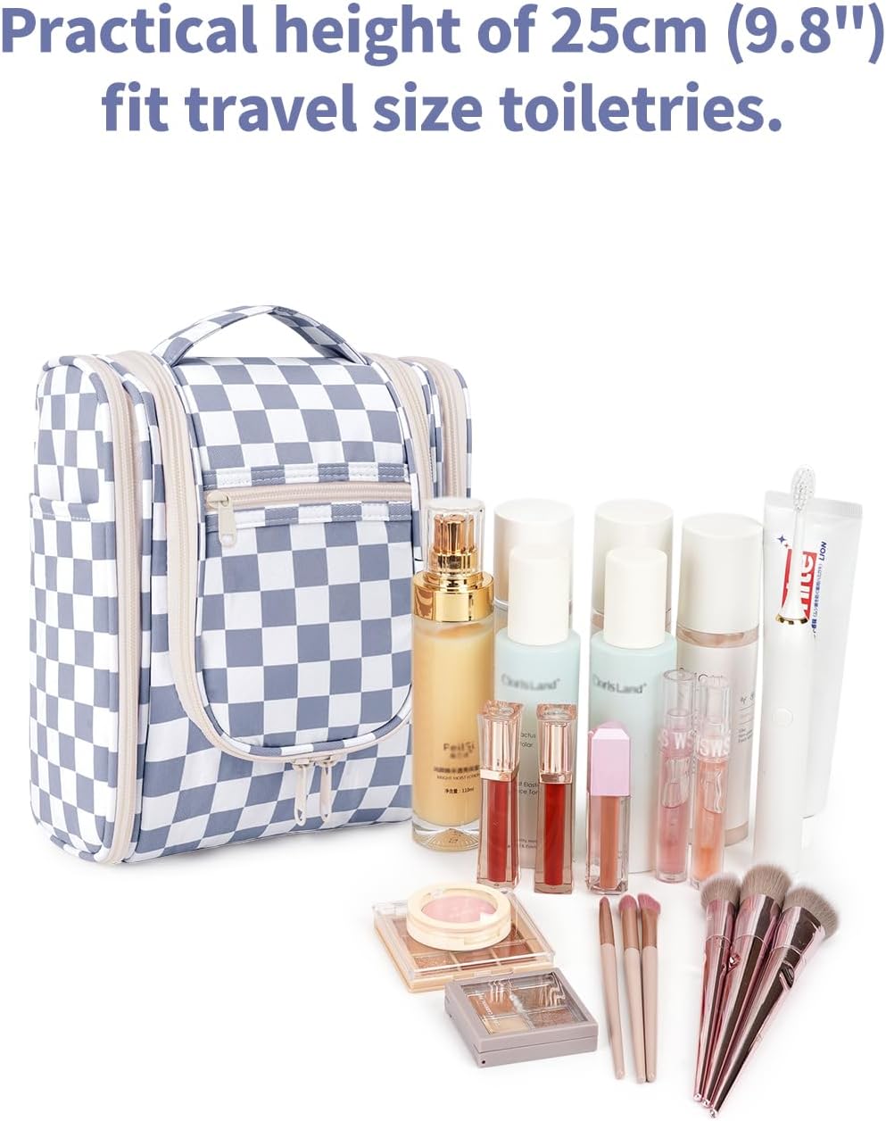 Narwey Small Checkered Hanging Travel Toiletry Bag for Women, Travel Bag for Toiletries, Makeup Bag Organizer Cosmetic Bags Make Up Bags for Women (Grayish Blue Checkerboard)