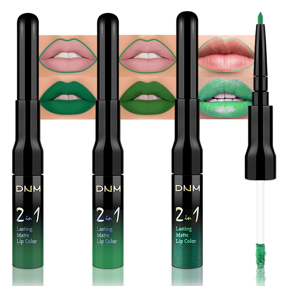 3Pcs 2 in 1 Green Matte Shimmer Lip Liner and Liquid Lipstick Stain Makeup Set for women, Long Lasting Smudge Proof Lip Tint Matte Finish Lip Gloss for All-Day Color Hold Easy to Use, Set25