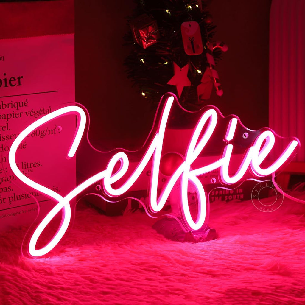 SYLHOME Selfie Pink LED Neon Light Sign Cute Makeup Girls Bedroom Light Up Mirror Wall Decor Sign Photo Studio Boys Kids Room Birthday Party Decor USB 15.2" X 7.1"