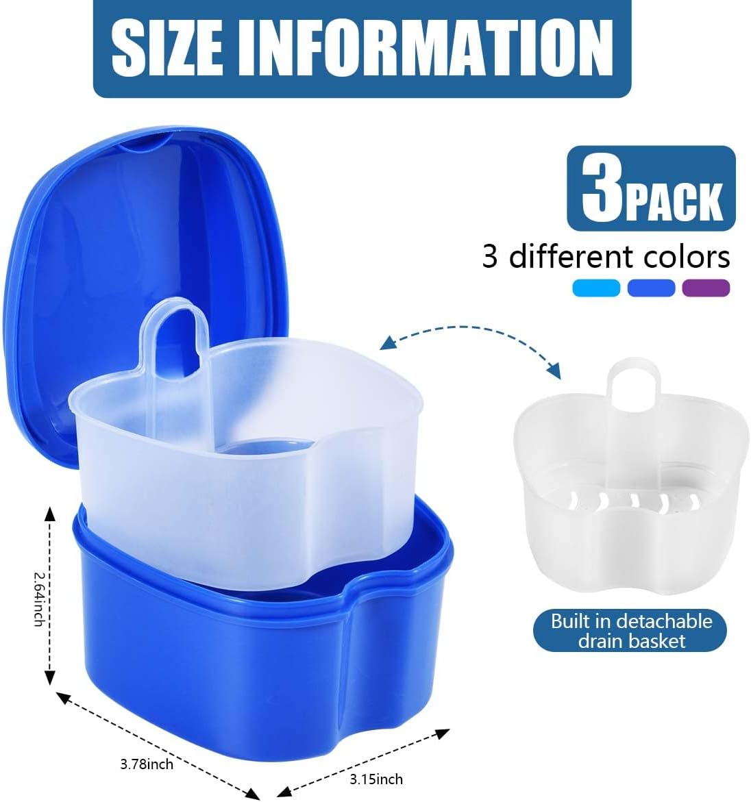 3 Pack Colors Denture Bath Case Cup Box Holder Storage Soak Container with Strainer Basket for Travel Cleaning (Blue, Light Blue, Purple)