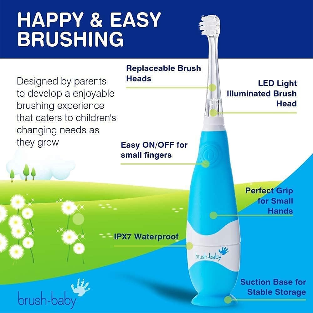 brush-baby - BabySonic Blue Electric Toothbrush, 0-36 Months - Soft, Gentle Vibrating Toothbrush for Sensitive Gums & New Teeth - with LED Light & Suction Base - Baby & Toddler Brush Heads